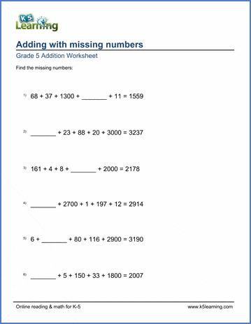 Grade 5 Addition Worksheet adding with missing numbers - harder