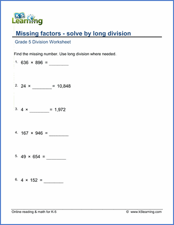 Grade 5 Division Worksheet missing factor solve by long division