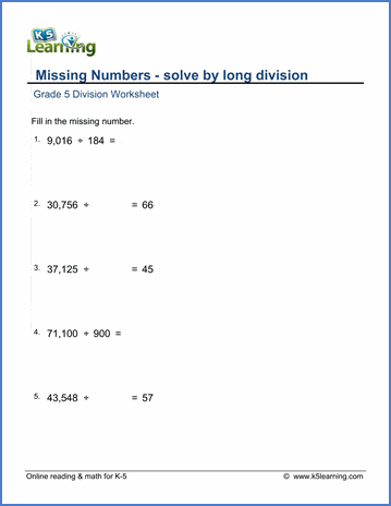 Grade 5 Division Worksheet missing dividend or divisor problems