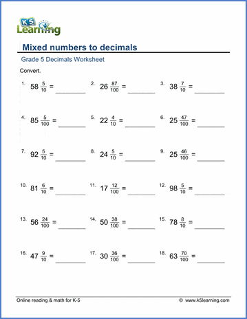 Grade 5 Fractions Worksheet convert mixed numbers to decimals