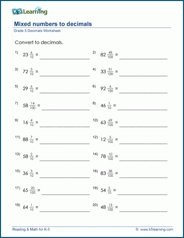 Grade 5 math worksheet - Fractions: convert mixed numbers to decimals | K5  Learning