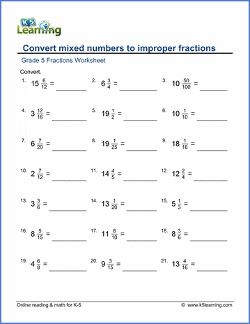 Grade 5 Fractions Worksheet converting mixed numbers to improper fractions