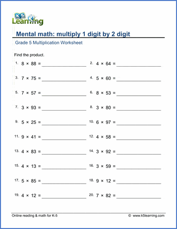 Grade 5 Multiplication Worksheet multiply 1-digit by 2-digit numbers