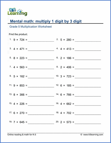Grade 5 Multiplication Worksheet multiply 1-digit by 3-digit numbers