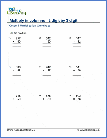Grade 5 Multiplication Worksheet multiply 2-digit by 3-digit numbers