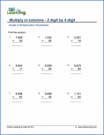 Grade 5 Multiplication Worksheet multiply 2-digit by 4-digit numbers