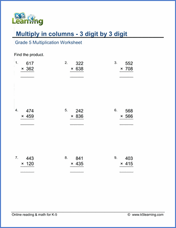 Grade 5 Multiplication Worksheet multiply 3-digit by 3-digit numbers