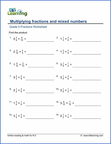 Grade 5 Fractions Worksheet multiply fractions and mixed numbers