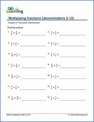 Grade 5 Fractions Worksheet multiply fractions (denominators 2-12)