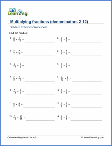 Grade 5 Math Worksheets Multiplying Fractions