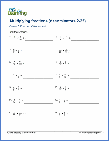 Grade 5 Fractions Worksheet multiply fractions (denominators 2-25)