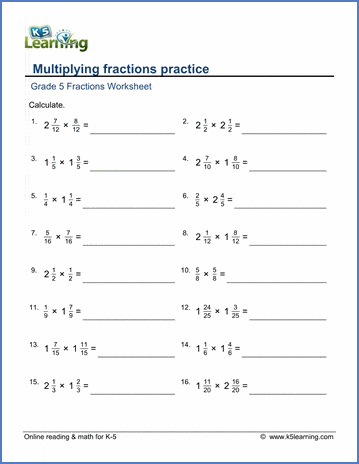 Grade 5 Fractions Worksheet multiply fractions practice