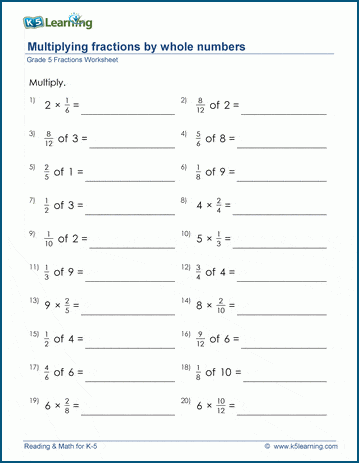 Grade 5 Math Worksheets: Multiplying fractions by whole numbers | K5  Learning