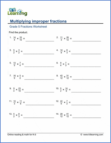 Grade 5 Fractions Worksheet multiply improper fractions