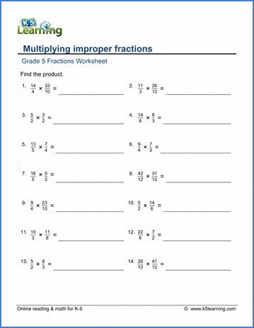 Grade 5 Math Worksheets: Multiplying improper fractions | K5 Learning