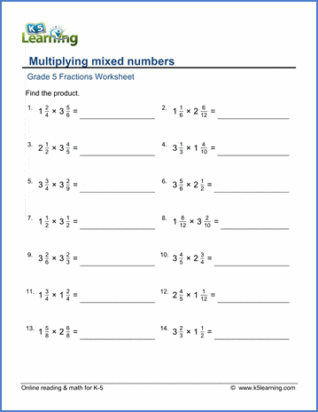 Grade 5 Fractions Worksheet multiply mixed numbers
