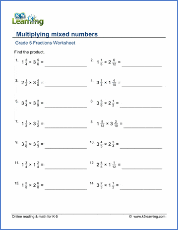 Grade 5 Fractions Worksheets: Multiplying mixed numbers | K5 Learning
