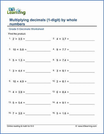 Grade 5 Decimals Worksheet multiplying 1 decimal digits by whole numbers