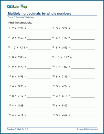 Grade 5 Decimal Worksheet: Multiply 2 digit decimals by whole numbers | K5  Learning