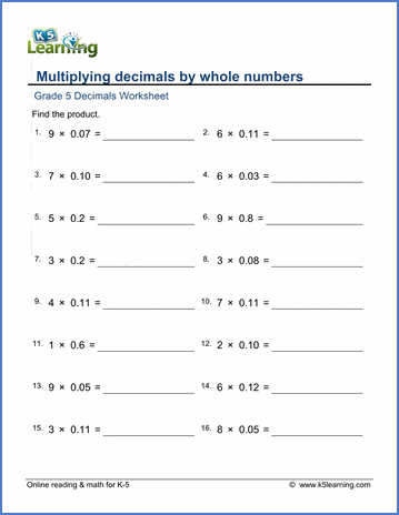 Grade 5 Math Worksheet: Multiplying 2-digit decimals by whole numbers