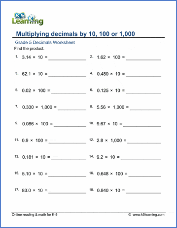 Grade 5 Decimals Worksheet multiplying 3 decimals digits by 10, 100 or 1,000