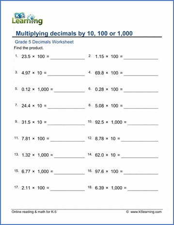 Grade 5 Decimals Worksheet multiplying decimals by 10, 100 or 1,000