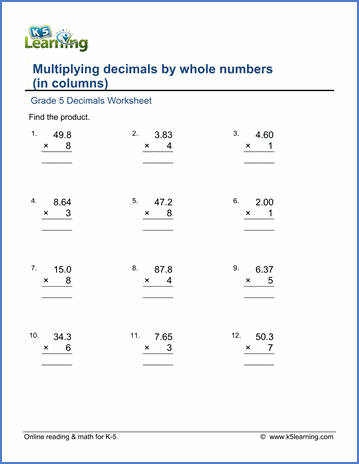 Grade 5 Decimals Worksheet multiplying decimals by whole numbers