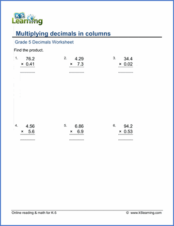 Grade 5 Decimals Worksheet multiplying decimals in columns - harder version