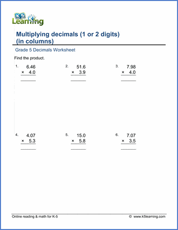 Grade 5 Decimals Worksheet multiplying decimals in columns