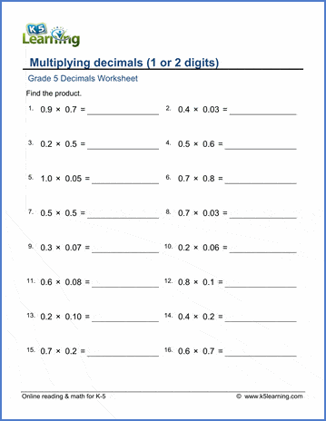 grade 5 math worksheets decimal multiplication 1 2 digits k5 learning