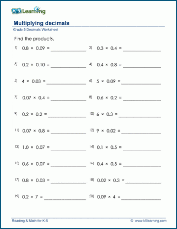Grade 5 Math Worksheets: Decimal multiplication (1-2 digits) | K5 Learning