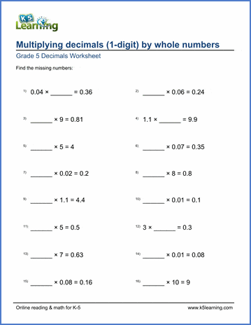 Grade 5 Decimals Worksheet multiplying whole numbers and 1-digit decimal numbers with missing numbers