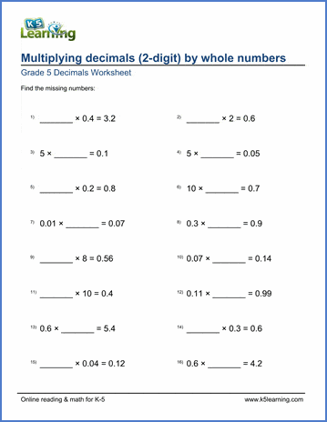 Grade 5 Decimals Worksheet multiplying whole numbers and 2-digit decimal numbers with missing numbers