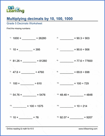 Grade 5 Decimals Worksheet multiplying decimals by 10, 100 or 1,000 with missing numbers