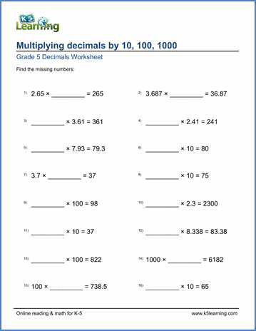 Grade 5 Decimals Worksheet multiplying decimals by 10, 100 or 1,000 with missing numbers