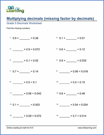 Grade 5 Math Worksheet: Multiplying decimals with missing ...