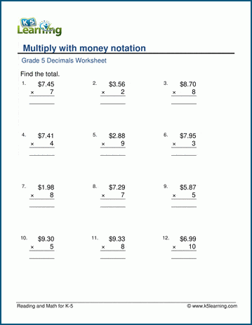 Multiply decimals with money notation worksheets 
