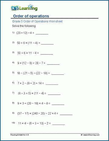 Grade 5 order of operations worksheets