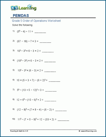 PEMDAS Worksheet