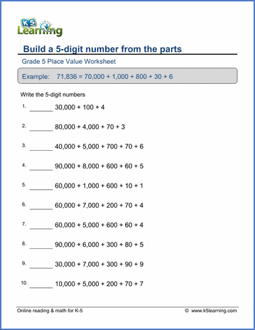 Grade 5 Place value Worksheet build a 5-digit number from the parts