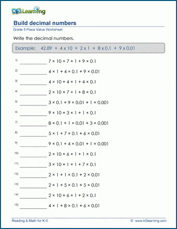 Grade 5 Place value Worksheet build a 6-digit number with decimals