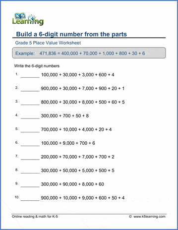 Grade 5 Place value Worksheet build a 6-digit number from the parts