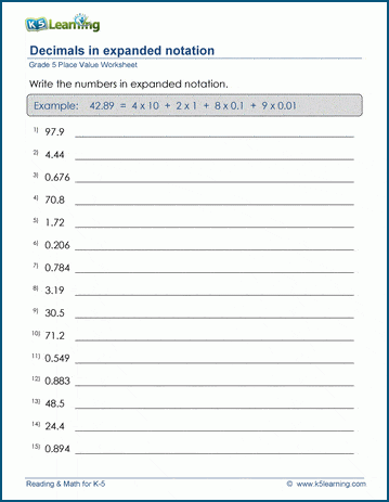 Grade 5 Place value & rounding worksheet: Write decimal numbers in expanded notation