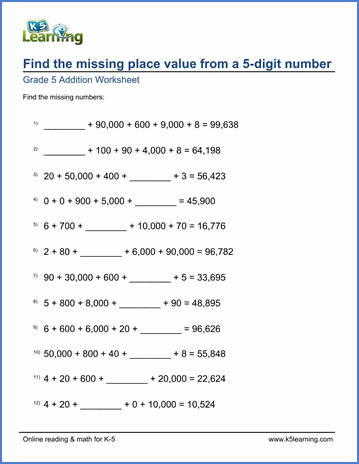 Grade 5 Place value Worksheet missing place value from 5-digit numbers