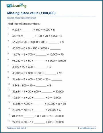 Grade 5 Math Worksheets: Fill in the missing place values (5-digits) | K5  Learning