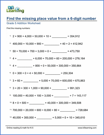 grade 5 math worksheets fill in the missing place values