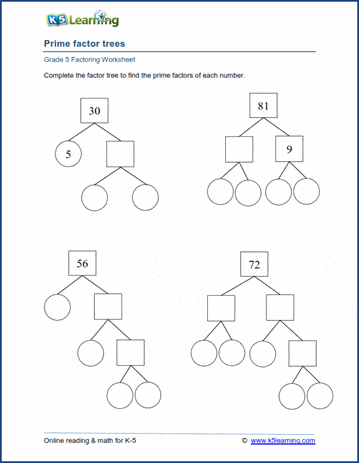 Grade 5 Factoring Worksheet prime factor trees