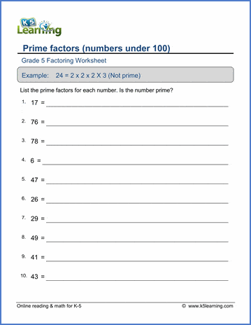 Grade 5 Factoring Worksheets: Prime factors (numbers under 100) | K5