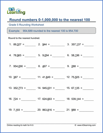 Grade 5 Place value Worksheet round 6-digit numbers to the nearest 100
