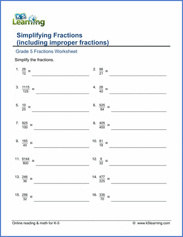 Grade 5 Math Worksheets: Simplifying fractions (improper fractions) | K5  Learning